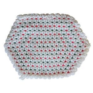 5 Vintage Handmade Crotched Yarn Placemats Christmas White Red Green Hexagon